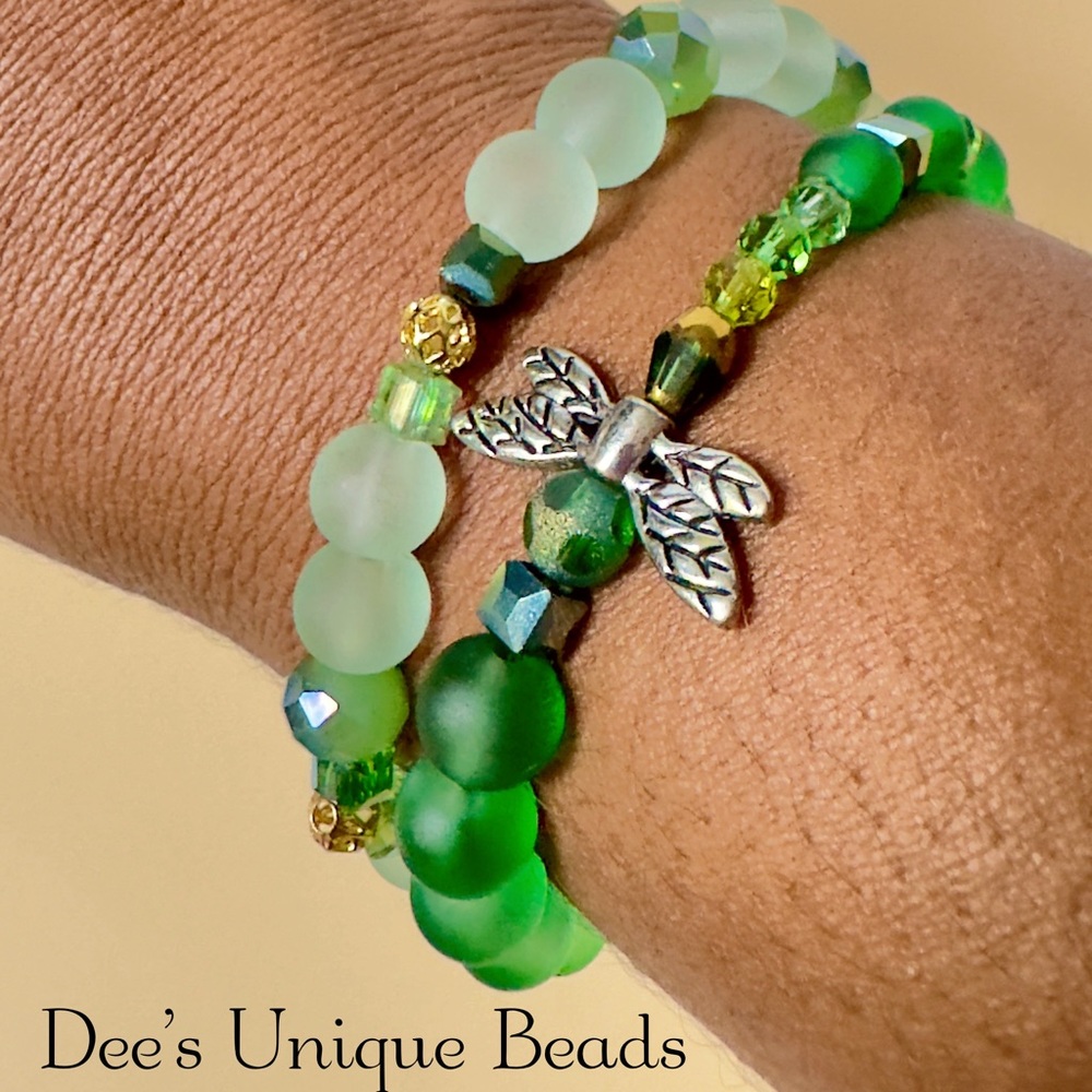 Green Dragonfly Bracelet Stack – Beaded Glass Transformation Jewelry Set